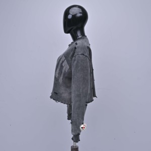 Sudadera corta gris desgastada para mujer con lentejuelas, estilo Detroit, cuello redondo, manga larga, tejida, 100% transpirable, informal - Product Image 3