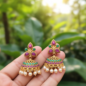 Fine Dangle Earrings Multi Stone Studded Matte Jhumka Jhumki Earrings - Product Image 3