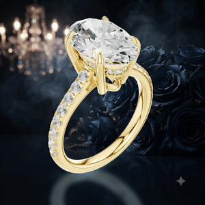 Yellow Gold Oval Cut Lab Grown <b>Diamond</b> Solitaire Engagement <b>Ring</b> with Pavé Band for Women - Product Image 1
