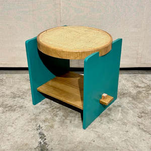 Modern <b>Wooden</b> <b>Stool</b> with Teal Frame and Rattan Top Handmade Living Room Furniture - Product Image 2
