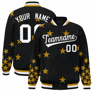 Chaqueta Varsity Negra para Hombre con Estampado de Estrellas Amarillas, Cierre de Botones, Estilo Casual para Otoño, Cuello Camisero, Corte Regular - Product Image 1