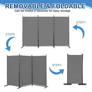 6FT Trifold 160g Polyester Cloth Carbon Steel <b>Frame</b> <b>Plastic</b> Foot Foldable Screen Gray Room Divider - Product Image 3