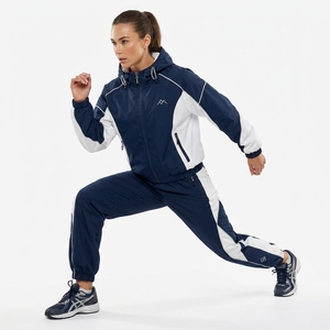 Unisex <b>Navy</b> White Color Tracksuit Hooded Zipper Full Sleeve Windproof Regular Fit Polyester Jogging Set - Product Image 3