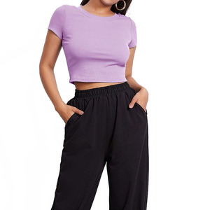<b>Women's</b> Cropped <b>Knitted</b> 100% Cotton Breathable Crew Neck Short Sleeve <b>Tank</b> <b>Top</b> Solid Color Casual style <b>women</b> crop <b>top</b> - Product Image 1