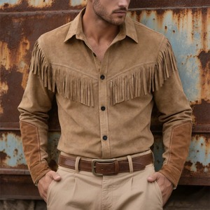 เสื้อเชิ้ตคาวบอยสไตล์วินเทจ แขนยาว แต่งชายหนังสีน้ำตาล สำหรับผู้ชาย ปกคอเสื้อพับได้ ติดกระดุม ลำลอง - Product Image 4