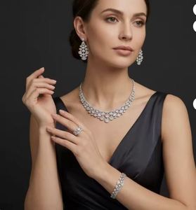 Luxury Zircon Jewelry Set <b>Necklace</b> Earrings <b>Ring</b> Bracelet Rhodium Plated Brass <b>Wedding</b> Party Gift - Product Image 1