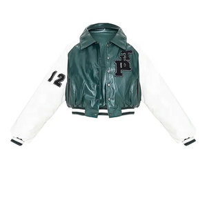 Green PU Varsity <b>Jacket</b> Turn-down Collar Embroidered Letter Patch Regular <b>Sleeve</b> Preppy Style <b>Short</b> Length Unisex Autumn Wear - Product Image 2