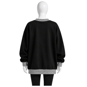 <b>Mens</b> <b>Black</b> Oversized Crewneck <b>Sweatshirt</b> Gingham Check Trim Long Sleeve Casual Pullover Fashion Streetwear Athletic Sports Top - Product Image 2