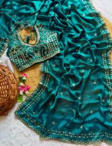 Designer Embroidery Sequence Work Fandy <b>Satin</b> Silk <b>Saree</b> Paired With Fully Stitched Sequence Work Fandy <b>Satin</b> Silk Blouse - Product Image 6