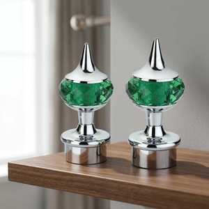 Glam Chrome Finials with Green Crystal Knobs Contemporary <b>Curtain</b> Rod Ends - Product Image 3