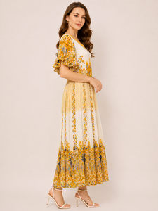 Wholesale Comfortable Yellow Color Floral Print Western Dress Round Neck <b>Mirror</b> Work Flutter Sleeve High Waist Women's Wear - Product Image 5
