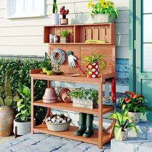65\" Large Rustic Outdoor Garden Potting Bench Farmhouse-Style Patio <b>Workstation</b> with 4 Storage Shelves - Product Image 1