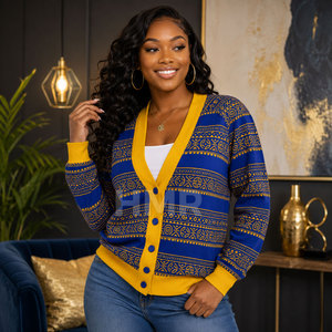 Cárdigan de Punto con Patrón Geométrico Azul y Amarillo de la Hermandad HMR, Cuello en V, Manga Larga, Estilo Casual - Product Image 3