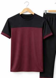 ชุดวอร์มฮิปฮอปผู้ชายสีสันตัดกันสำหรับฤดูหนาว |   เสื้อยืดทูโทนสีแดงเลือดหมูและสีดำพร้อมกางเกงจ็อกเกอร์ |   ชุดลำลองขายส่งแบบ OEM/ODM - Product Image 2