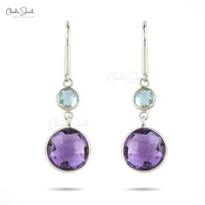 Boucles d'oreilles pendantes en argent sterling 925 avec topaze bleue ciel et améthyste claire naturelle ronde de 10 mm à taille damier pour petite amie - Product Image 1