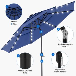 Sombrilla de Patio LED Solar de 3 Niveles y 3 Metros con Ajuste de Inclinación, Resistente a los Rayos UV, de Poliéster Azul Marino - Product Image 4