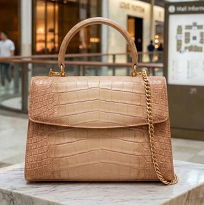 Bolso de Piel de Cocodrilo Beige para Mujer, Bolso de Mano de Cuero Genuino de Lujo, Asa Superior Desmontable, Bolsillo para Teléfono Celular, Bolso de Moda - Product Image 4