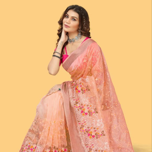 Sari en organza brodé de luxe – Bordure Zari Dori avec pièce de blouse en soie mono - Product Image 1