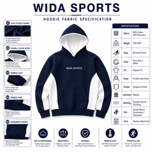 Wida Sports Unisex <b>Navy</b> Blue Hooded <b>Sweatshirt</b> Raglan Sleeve 100% Cotton French Terry Sporty Regular Fit Breathable Eco-Friendly - Product Image 6