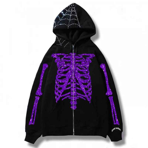 เสื้อฮู้ดซิปผู้ชายลายโครงกระดูกเต็มตัวและใยแมงมุมประดับเพชร รุ่น 2026 สีแดง น้ำเงิน ม่วง ประกายวิบวับ ทรงโอเวอร์ไซส์ สไตล์ Y2K กอธ สตรีทแวร์ HD - Product Image 4