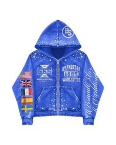Sudadera con capucha azul real vintage para hombre con adornos de diamantes de imitación y gráficos de banderas multinacionales en las mangas - Product Image 1