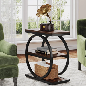 3 Tier Narrow Wooden End <b>Table</b> with Black Round Metal Frame Rustic Wood <b>Side</b> <b>Table</b> with Storage Shelves for Living Room <b>Bedroom</b> - Product Image 1