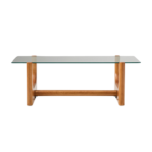 Mesa de Centro Moderna de Mediados de Siglo con Base de Madera Entrelazada y Cubierta de Vidrio Transparente para Hogar u Hotel - Product Image 1