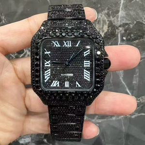 Luxury Black Iced Out Watch VVS Moissanite Diamond Fully Paved Black Dial Roman Numerals Square <b>Case</b> Steel Bracelet Men Watch - Product Image 1