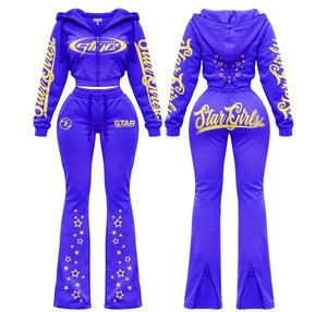Women's Blue Hooded Tracksuit <b>Full</b> <b>Zip</b> <b>Sweatshirt</b> With Letter Print Breathable Knitted Fabric Autumn Wear - Product Image 1
