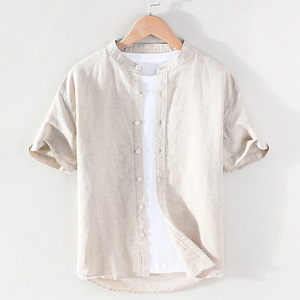 Mandarin <b>Collar</b> Cotton Casual <b>Men</b> <b>Shirt</b> Short Sleeve Button Down Regular Fit <b>Shirts</b> Clothes <b>Shirts</b> <b>Men</b> - Product Image 6
