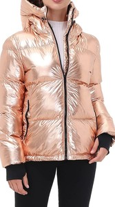 <b>Women's</b> Rose Gold Metallic Quilted Hooded Puffer Jacket Full Sleeve Winter <b>Coat</b> with Zipper Closure - Product Image 5