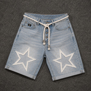 Men’s Y2K Star Applique Denim Jorts with Rhinestones & <b>Rope</b> Belt Streetwear Wide Leg Denim - Product Image 1