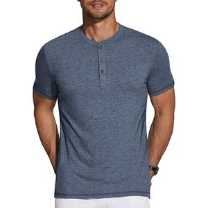 T-shirt tendance à col rond et boutons, manches courtes, couleur unie, en tissu tricoté respirant - Product Image 1
