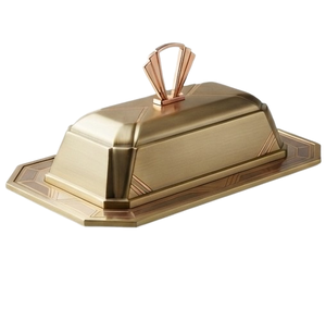 Beurrier moderne avec couvercle, forme rectangulaire, design Art Déco en métal, finition dorée, vaisselle de cuisine - Product Image 4
