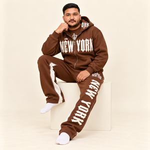 Ensemble de survêtement marron personnalisé avec impression en relief pour homme, comprenant un sweat à capuche zippé oversize et un pantalon de survêtement, en tissu épais, style streetwear, marque privée, vente en gros - Product Image 1