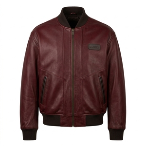 <b>Burgundy</b> Genuine Cowhide <b>Leather</b> Bomber <b>Jacket</b> Mens Wine Red Custom Embossed Logo Flight Outerwear Wholesale Factory Supplier - Product Image 1