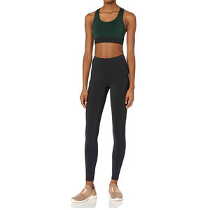 Sujetador deportivo verde oscuro con cuello redondo para mujer, leggings de cintura alta con panel negro, transpirables, que absorben la humedad, ajustados, sin costuras, 100% algodón. - Product Image 1