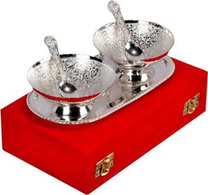 Juego de Tazón y Cuchara Plateados de Estilo Indio Tradicional para Regalo, con Caja de Terciopelo, Ideal para Bodas y Regalos Corporativos de Lujo - Product Image 1