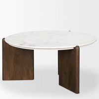 Table basse de salon contemporaine à plateau rond en marbre blanc avec trois pieds pliants en bois de manguier massif pour la maison ou le bureau