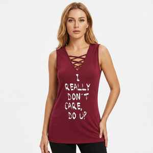 Camiseta sin mangas de punto cruzado color granate para mujer, con estampado 'I Really Don't Care', informal, sin mangas, de secado rápido, transpirable, 180g, 100% algodón - Product Image 4