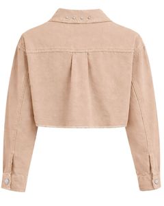 Chaqueta Vaquera Corta Beige Personalizada para Mujer con Adornos de Diamantes de Imitación en los Hombros, Botones y Manga Larga, Estilo Casual y Moderno - Product Image 2