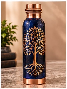 Botella de Agua de Cobre Hecha a Mano con Patrón Floral Mediterráneo Azul, Frasco Metálico Portátil con Tapa - Product Image 6