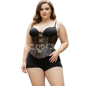 Corsé de cuero genuino marrón oscuro estilo Steampunk con cierre de gancho dorado y detalles de tachuelas - Product Image 1