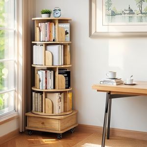 Libreria Girevole a 5 Ripiani per Spazi Ristretti, Espositore Rotante a 360 Gradi con Ruote, Libreria Salvaspazio - Product Image 5