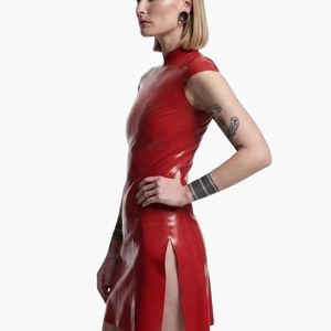 <b>Red</b> PU Bodycon Mini <b>Dress</b> Mandarin Collar Sleeveless High Slit Fitted Sexy Party Wear Solid Color - Product Image 2