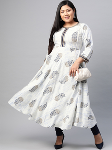 Kurta Anarkali blanche tie-dye à motifs floraux en viscose et rayonne, grande taille pour femme, col rond, manches trois quarts, vente en gros, tenue confortable - Product Image 5