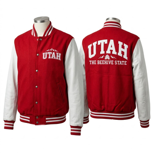 เสื้อแจ็คเก็ตวาร์ซิตี้ยูทาห์สำหรับผู้ชาย สีแดงขาว แขนเสื้อแบบ Letterman สไตล์ Preppy ปกคอพับ กระดุมแถวเดียว - Product Image 1