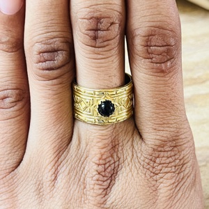 Premium <b>Silver</b> Eye Geometric Design Black Onyx <b>Ring</b> Gold Plated Vintage Style Wide Band Statement Tribal Look Certified <b>Ring</b> - Product Image 6