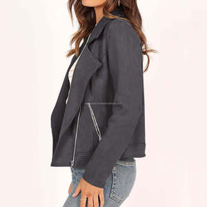 Vestes en daim gris style motard pour femmes avec fermeture éclair asymétrique col à revers manches longues recadrée Moto Fit Look vintage moderne - Product Image 4