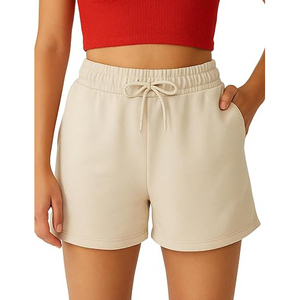 Shorts de Felpa con Borde Crudo para Mujer, Diseño Desgastado, Cintura Alta, Bolsillos Laterales, Cordón Ajustable, Corte Holgado, Ropa Casual para Descansar - Product Image 1